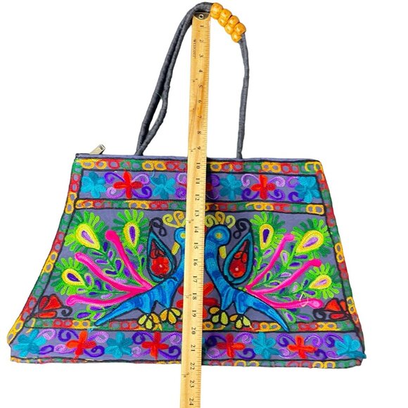 Vintage Large Black Boho Shoulder Bag w/ Embroidered Peacocks, Wooden Beads - Picture 7 of 9